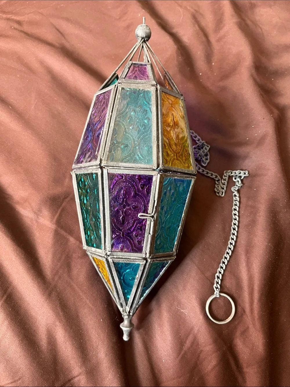 Antique Multicolor Stained Glass Hanging Lantern - Teal, Purple, Gold